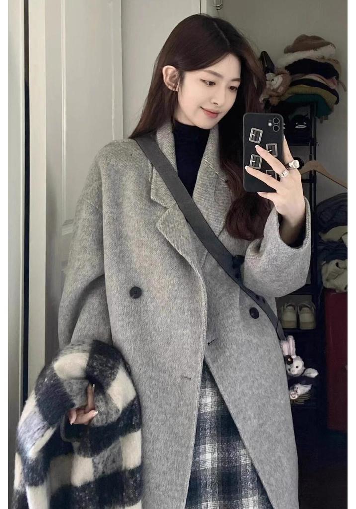 Oatmeal Double-Sided Cashmere Women's Mid-Length Coat - 2023 Autumn/Winter Korean Hepburn Style