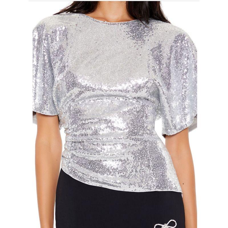 Foreign Trade Order F * 21 L.G.S.P Style Silver Sequined Batwing Sleeve Waist Hugging Irregular Temperament Top