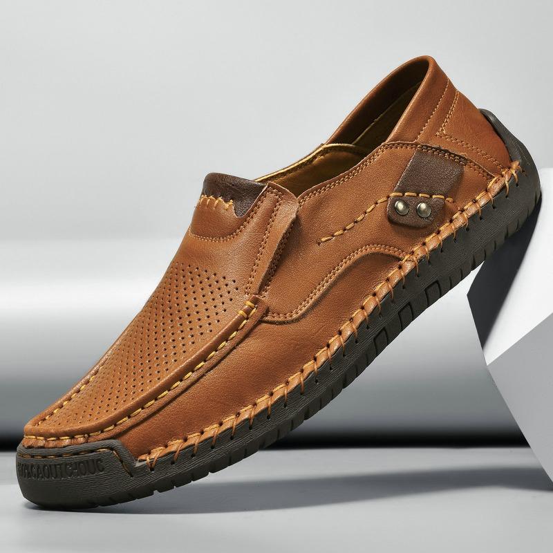 Hand-Stitched Slip-On Leather Loafers | Men Outdoor Casual Flat Low-Cut Shoes Big Sizes
