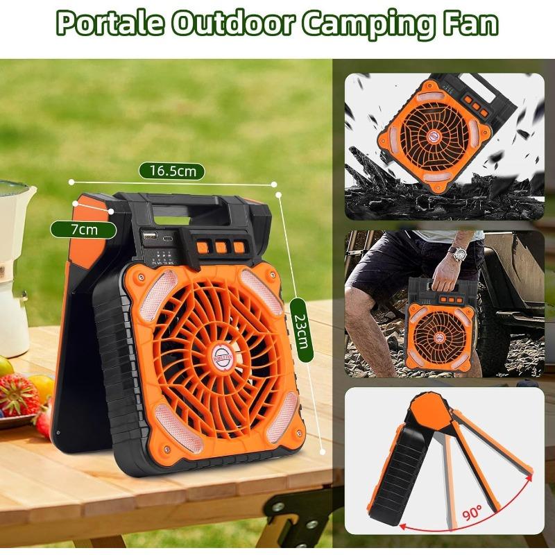Solar Powered Fan for Camping Portable Rechargeable for Gazebo with LED Light & Timer 4 Speed Cordless Battery Powered for Outdoor Stay Cooling Orange