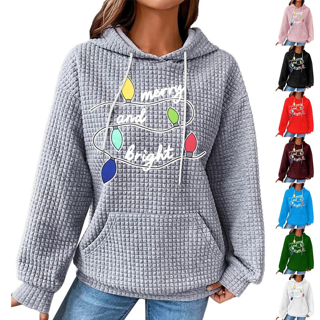 Women's Fashion Loose Hooded Pullover Long Sleeve Plaid Sweatshirt With Drawstring, Drop Shoulder, Pocket, Christmas Print Top