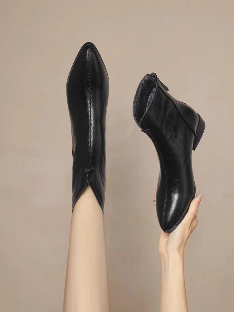 Fashion Elegant with Medium Heels Leather Woman Short Shoes Pointed Toe Ankle Boots for Women Autumn Winter Fleece-Lined Booties Sale