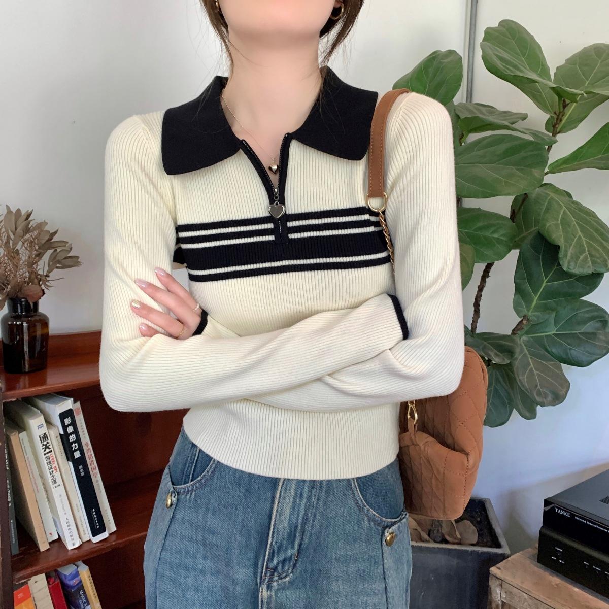 

Temperament молния воротник поло контрастный цвет длинный рукав нижняя рубашка вязаный свитер женский осенний новый приталенный топ женская одежда One size