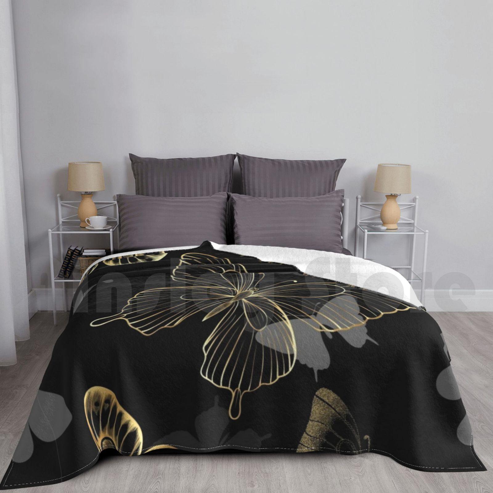 Seamless Pattern With Decorative Butterflies Golden Outline Blanket Fashion Custom 480 Seamless Gold Pattern Size: 75*100cm, Weight: 230 GSM