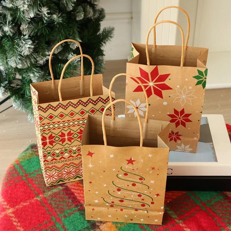 12pcs Christmas Snowflake Kraft Paper Bags with Handles Biscuit Candy Packaging Bag Xmas Tree Gift Pouch Home Decor Xmas Party