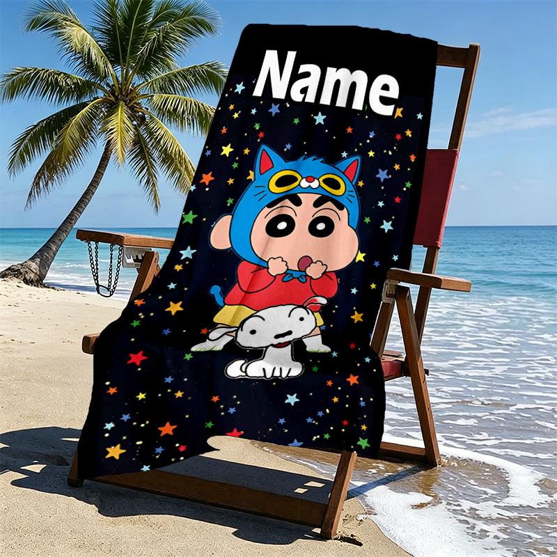 Custom Name Personalized Crayon Shin Print Beach Towel, for Trip Camping Beach Party Home Decor, Birthday Gift for Family & Friends