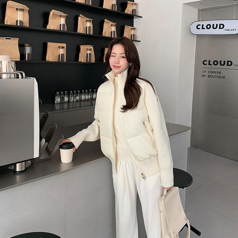 Down cotton-padded clothes women's short knitted splicing small jacket autumn and winter new light and thin stand-up neck cotton-padded clothes