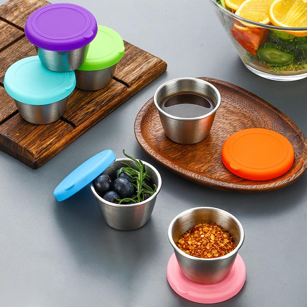 Stainless Steel Cup with Lid, Round Dipping Bowl Portable Seasoning Dish