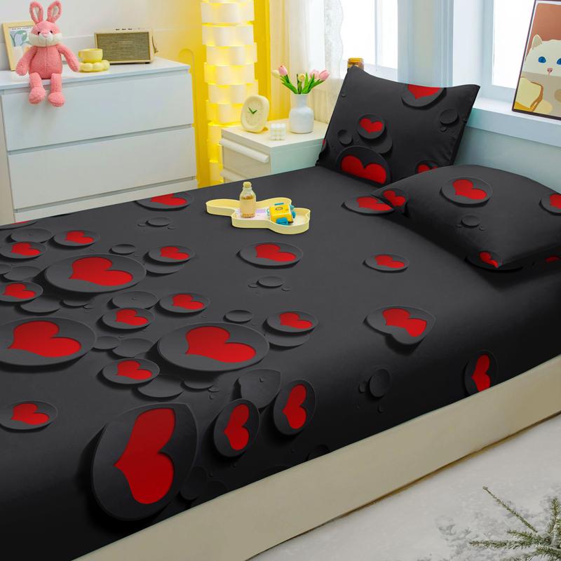 Simple 3-Piece Modern Heart-Shaped Pattern Matte Three Piece Fitted Sheet Set, Bedroom Printed Bed Cover Set, Bedding
