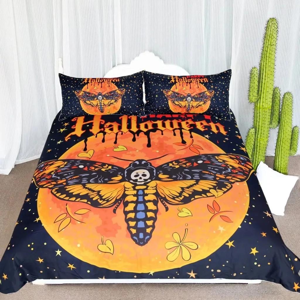 Boho Gothic Skull Bedding Set Death Moth Duvet Cover Set King Queen Full Twin Size Galaxy Sun And Moon Polyester Comforter Cover