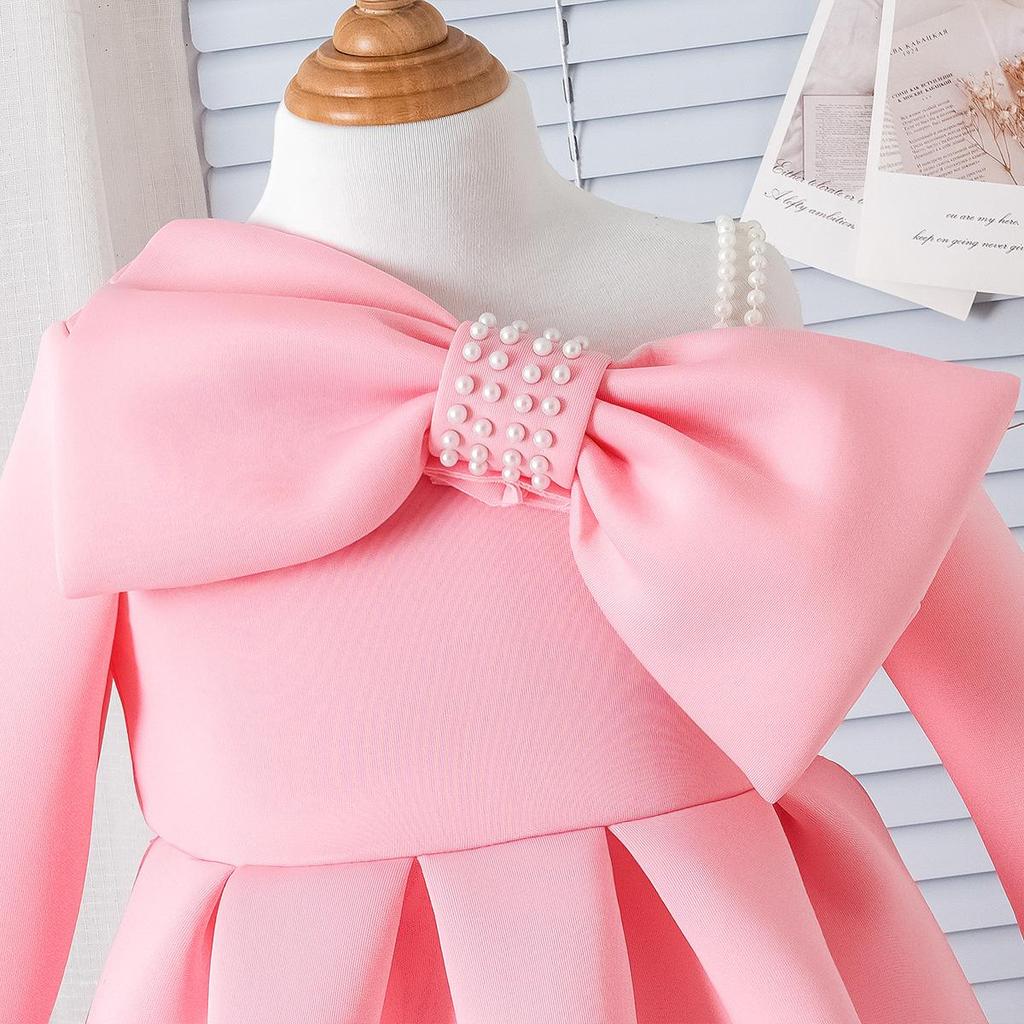 Children's Sweet Dress 2025 Spring and Autumn Girls Pearl Bow Halter Long-sleeved Dress