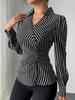 Women's Striped Slit Tie-Waist Long-Sleeve Shirt