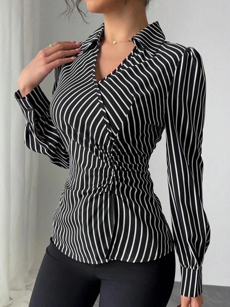 Women's Striped Slit Tie-Waist Long-Sleeve Shirt