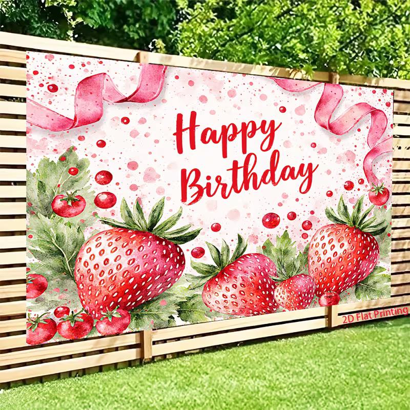 2D Watercolor Strawberry Birthday Backdrop with Pink Ribbon Photo Booth