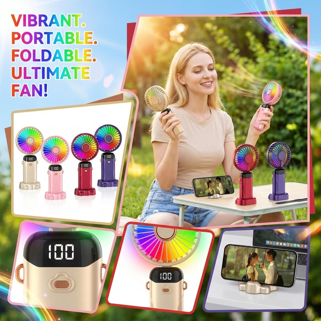 Portable Handheld Fan with Digital Display Rechargeable Battery USB Charging Adjustable Speed Small Outdoor Personal Fan for Travel and Office Use