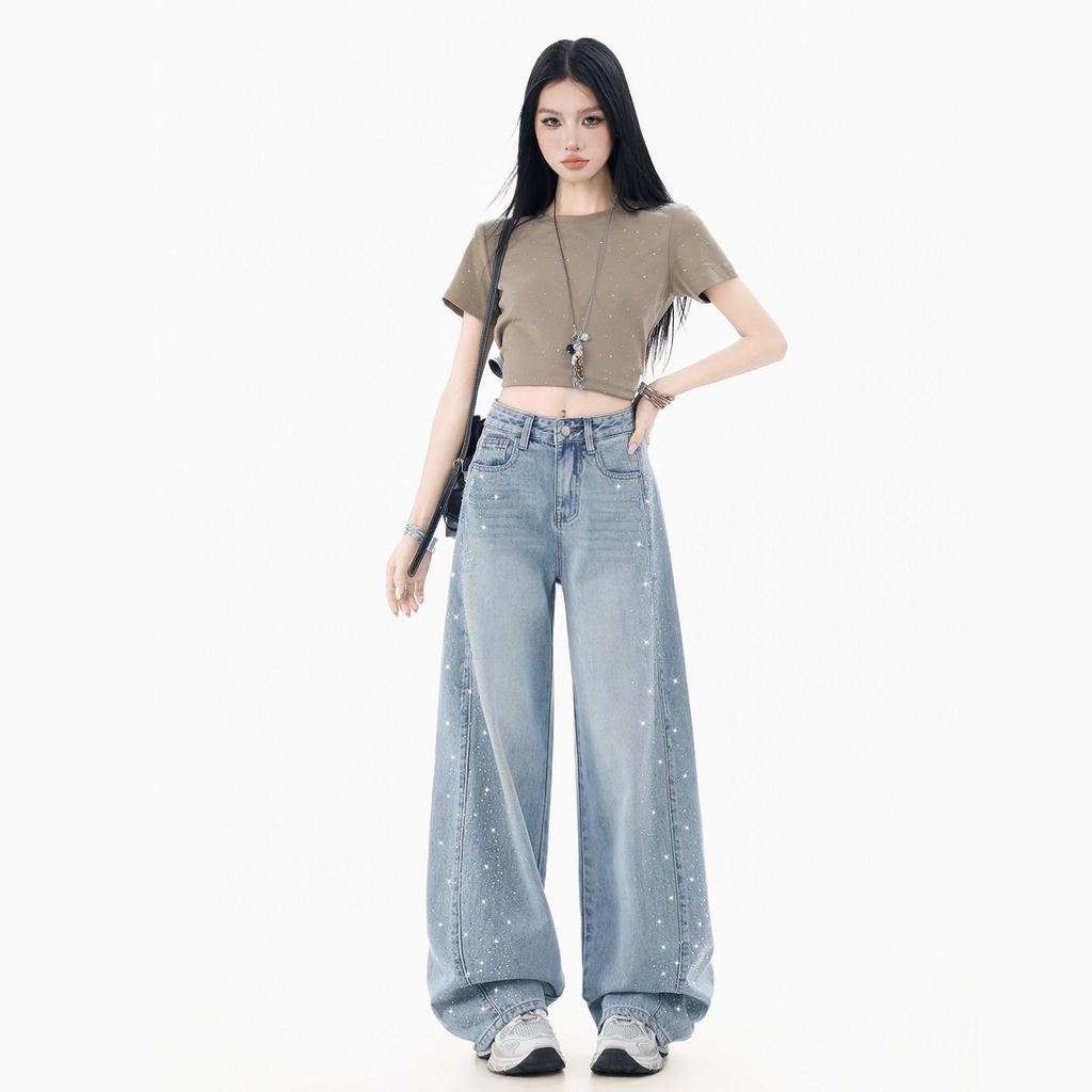 2026 Women's Rhinestone Wide-Leg Jeans: Loose, Slimming, High-End Floor-Length with Concealing Design for Spring/Autumn