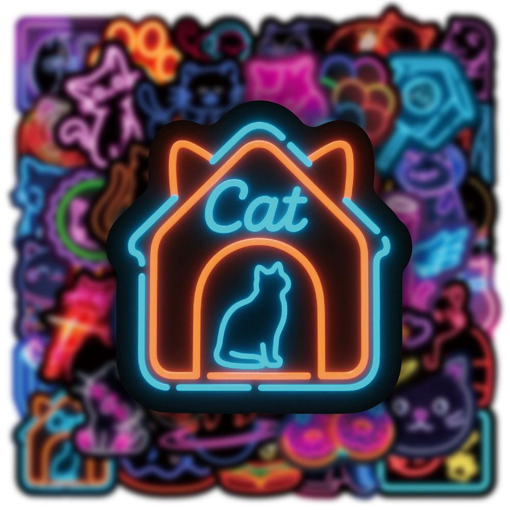 10/30/50pcs Cute Neon Cat Cartoon Stickers Kawaii Animal Graffiti Decals DIY Laptop Journal Notebook Waterproof Classic Sticker