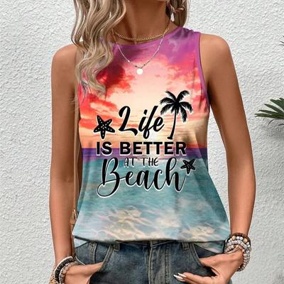 Damen Ärmellose Rundhals Westen Modisches Kokospalmenmuster Gedruckt Sommer Street Fashion Outdoor Strand Freizeitkleidung