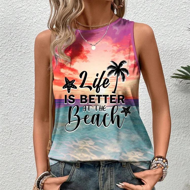 Women's Sleeveless Round-neck Vests Fashionable Coconut Tree Pattern Printed Summer Street Fashion Outdoor Beach Casual Wear