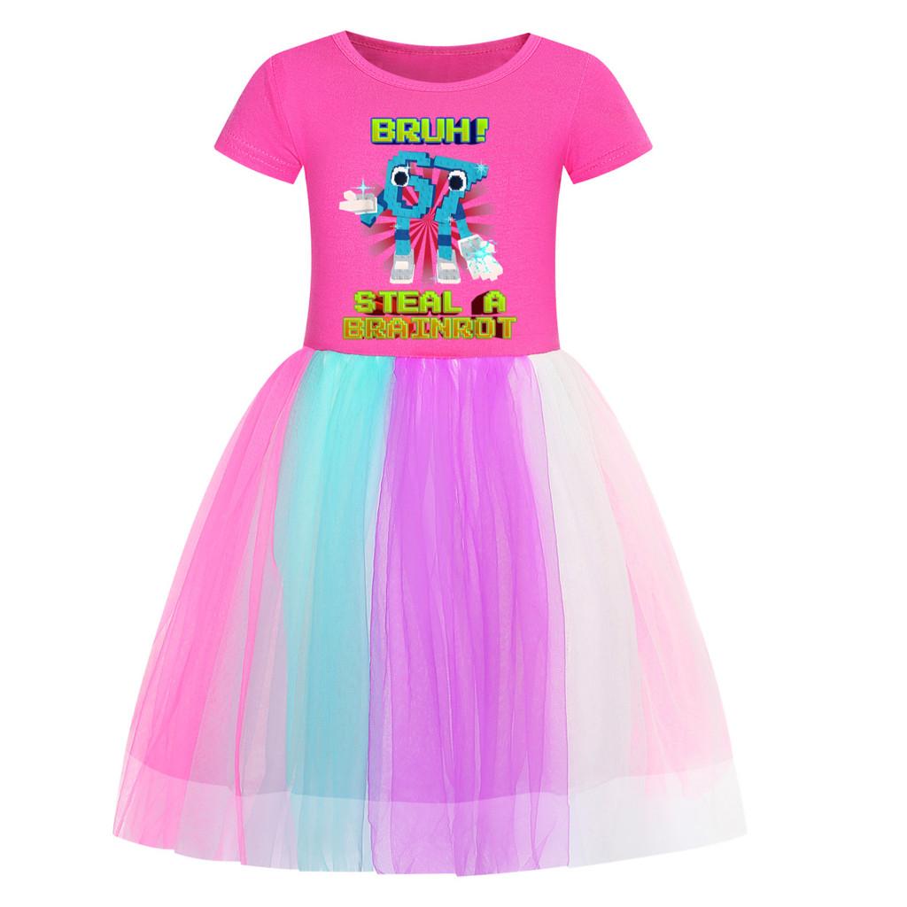 

5194 Дитячі Дівчата Вкрасти Мозок 67 Шість Сім Принт Сітка Веселка Круглий Виріз Повсякденне Повсякденне Бавовняне Плаття 150cm