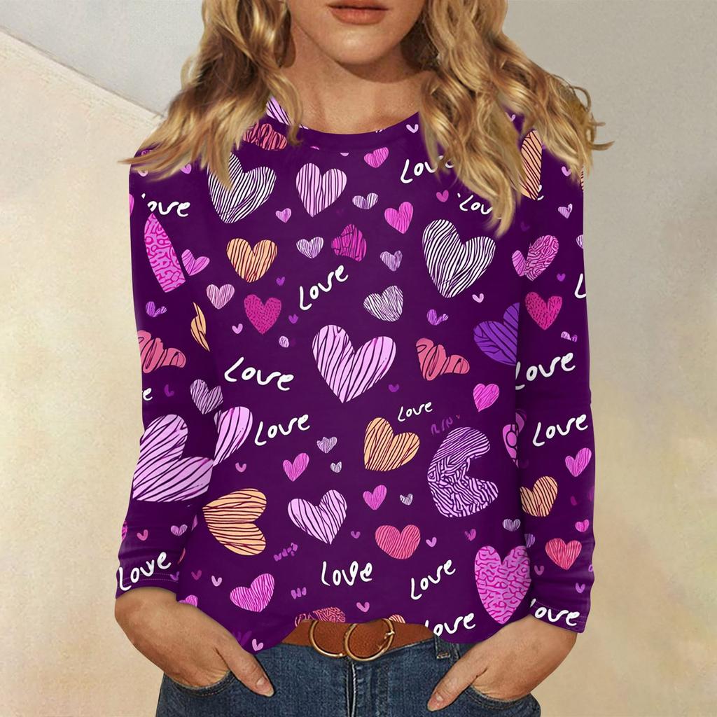 Damen Valentinstag Modisches Herzmuster Rundhals Langarm Pullover Top