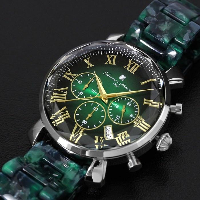 Salvatore Marra Watch Chronograph Multi-faceted Glass Acetate Belt Gradient Men's Green Gold SM19104A-SSGRGD