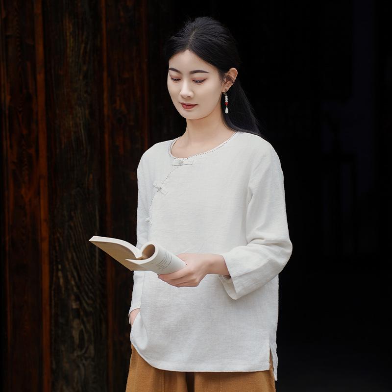 

Spring & Autumn Retro Solid Color Cotton-Linen Zen Tea Top with Oblique Lapel & Frog Button Large белый