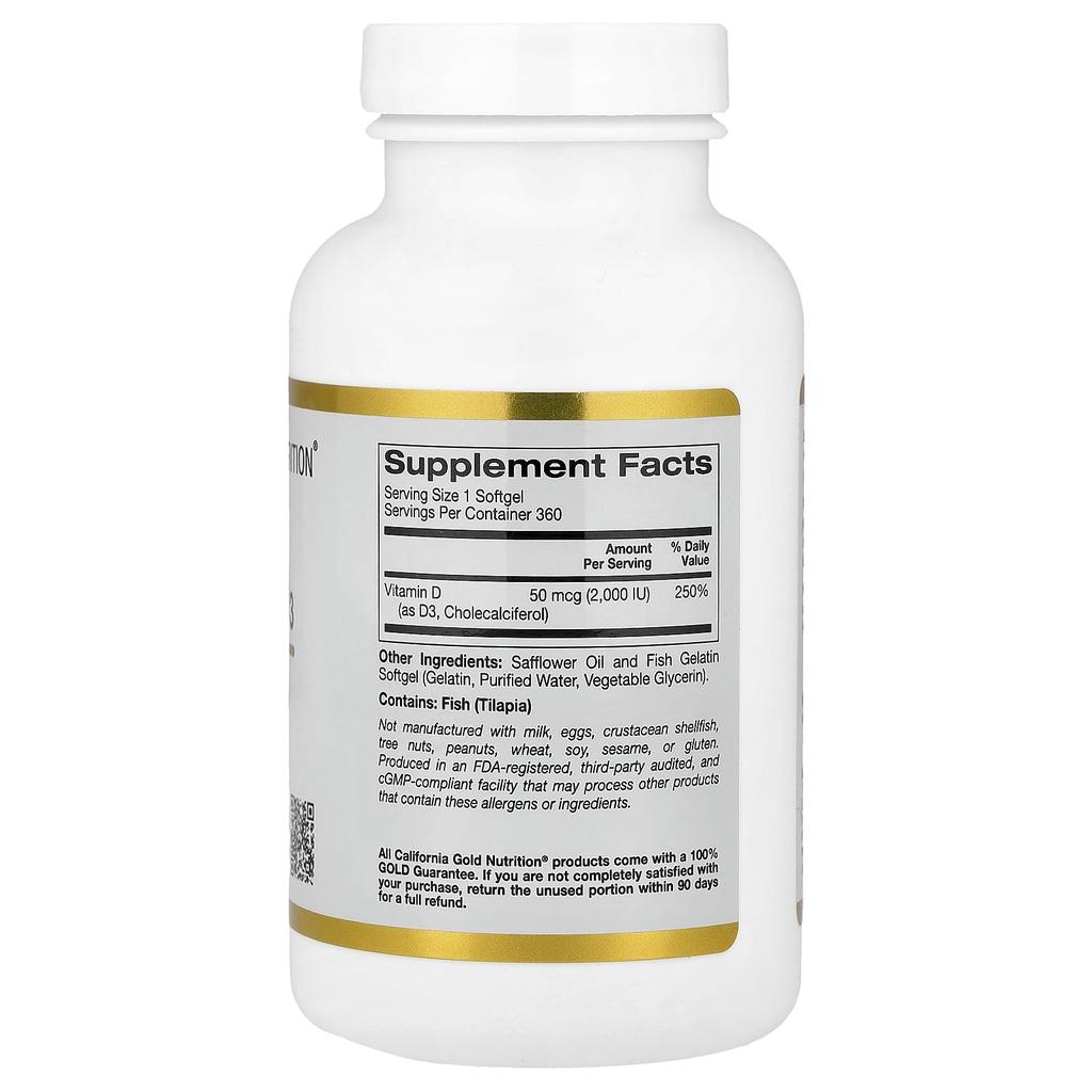 Vitamine D3, 50 mcg (2 000 UI), Gélules molles de gélatine de poisson, 360 comprimés