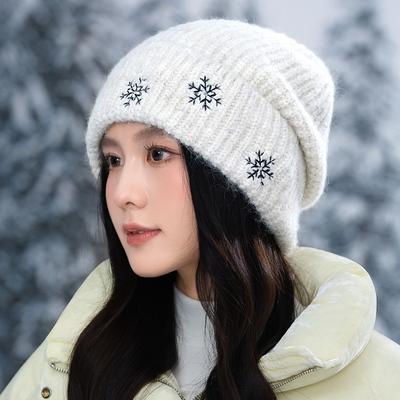 Bonnet d'hiver Mode femme Broderie flocon de neige Chapeau en laine Polaire Épaissi Coupe-froid Chaud Chapeau tricoté