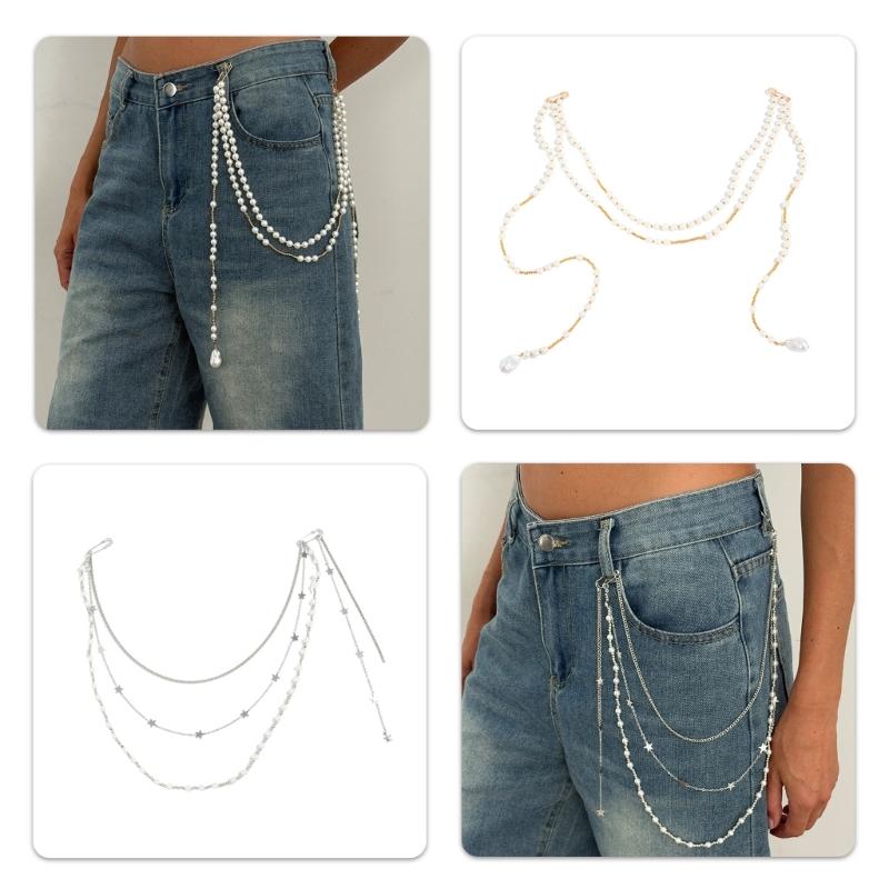 Clip On Waist Chain Accessory with Layered Pearls Look Draped Chains, Decorative Outfit Accent for Party and Festival Wear