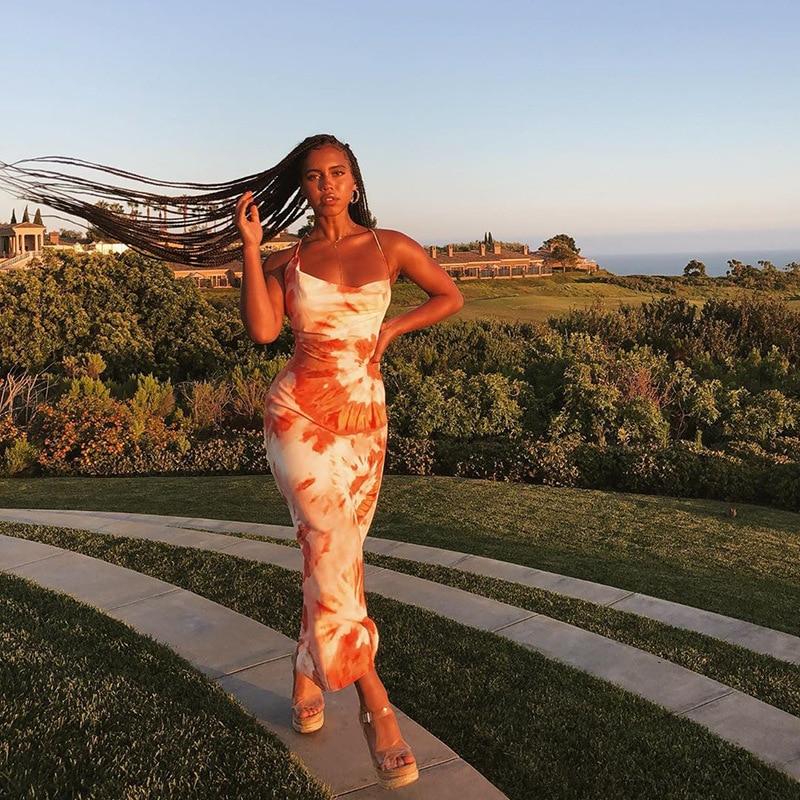 Print Fashion Sexy Backless Lace Up Midi Dresses Sleeveless Club Party Holiday Spaghetti Strap Sundress