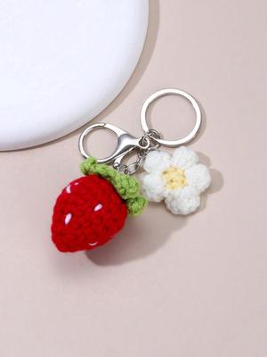1pc Creative Cartoon Hand Woven Strawberry Flower Keychain Woolen Keyring Women's Bag Pendant Decoration Car Keyring Daily Gifts
