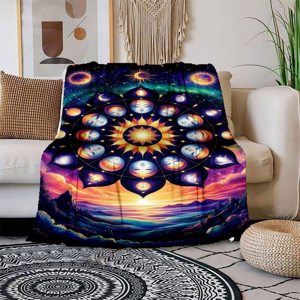Celestial Harmony Mandala Wall Art Print Blanket Flannel Throw Blanket for Sofa, Bed, Travel, Camping, Office 100x150cm
