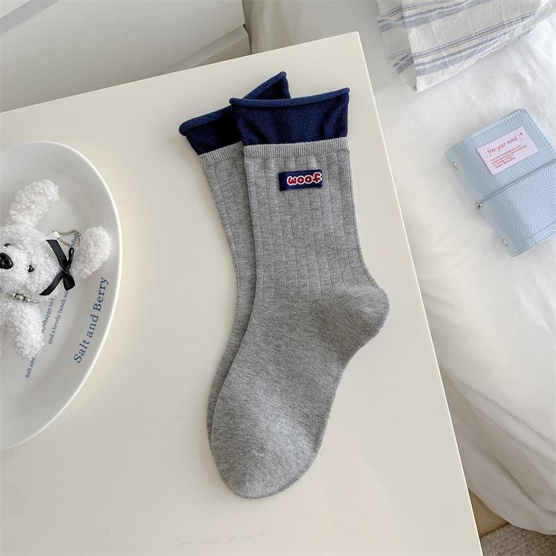 Cute Cartoon Striped and Color-blocking School-style Socks for Spring and Autumn, Plush Three-dimensional Puppy Fabric Label Socks