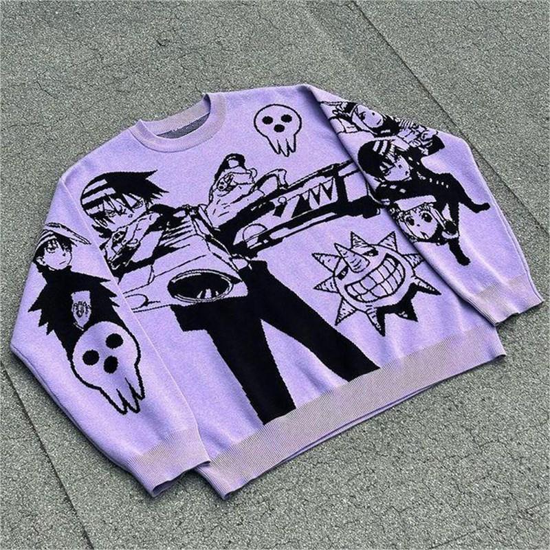 Y2K Harajuku Pullover Damen Winter Ästhetik Gestrickte Stickerei Anime Muster Pullover Street Style Paar Top