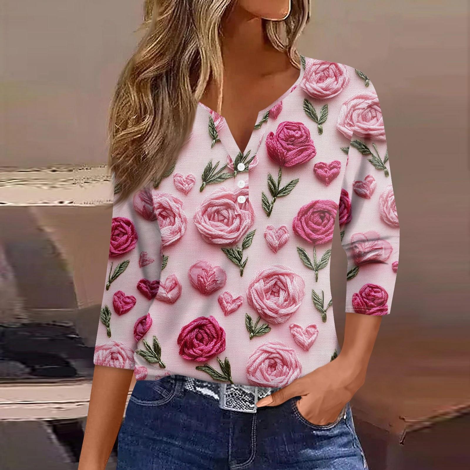 

Женская футболка с принтом ко Дню святого Валентина, на пуговицах, рукав 3/4, туника, повседневная мода на выходные, базовый топ с V-образным вырезом XXXL