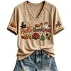 Women's Casual Short Sleeve V-Neck Pullover Top with Thanksgiving Print