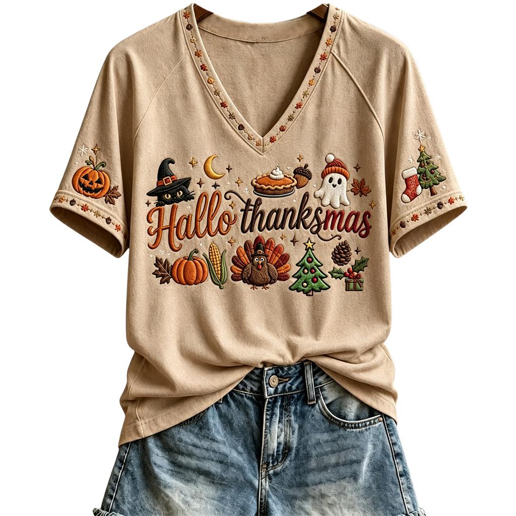 Women's Casual Short Sleeve V-Neck Pullover Top with Thanksgiving Print