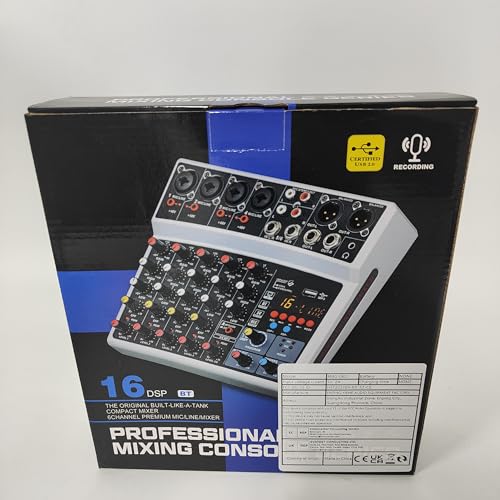 BOMGE 6-Channel DJ Audio Mixer with MP3, USB, Bluetooth, 48V Phantom Power, 5V Power Supply, and 99 DSP Echo Effects for Live Performances, Music, Kar