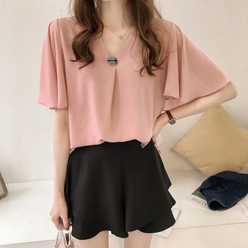 Women V Collar Medium Sleeve Chiffon Blouse T-shirt