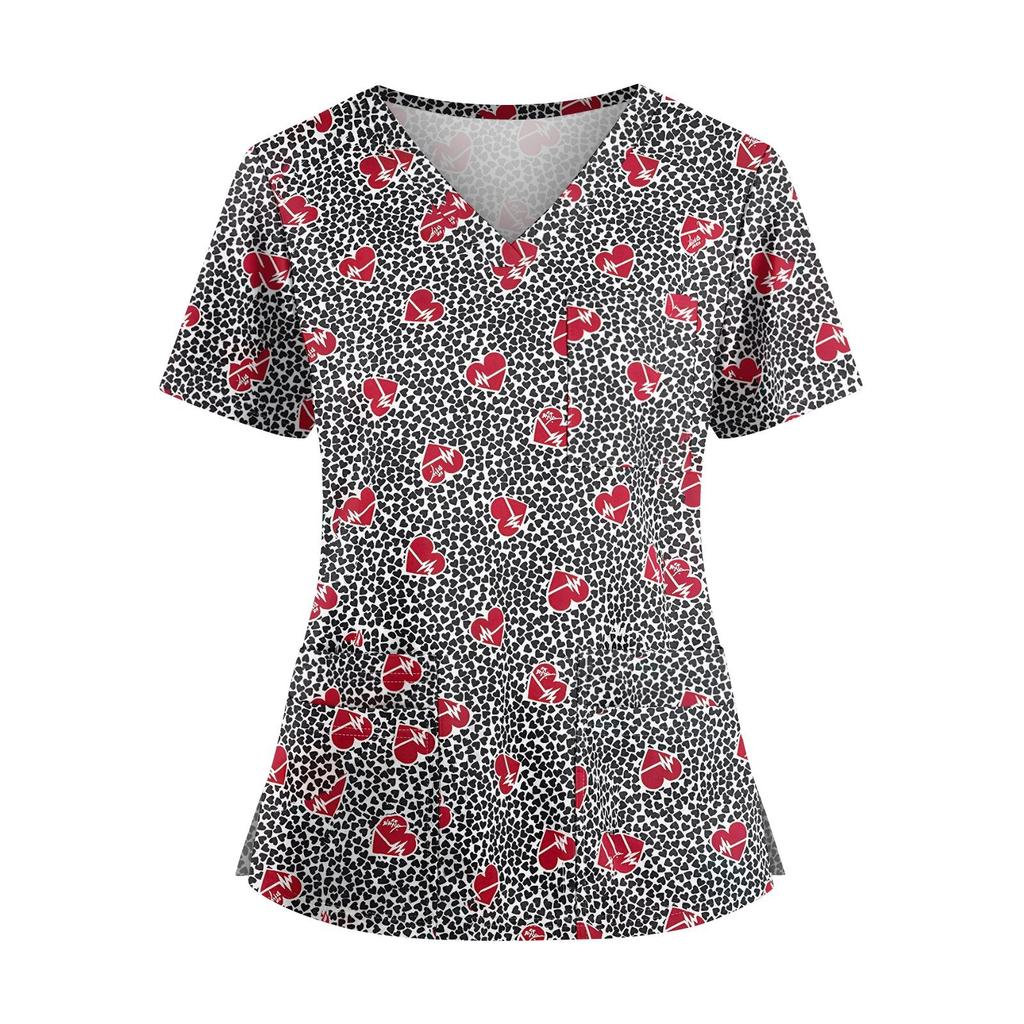 Velká velikost Potištěná srubová pracovní uniforma pro ženy s překříženým výstřihem do V Halloween potisk Zábavná trička s krátkým rukávem Pracovní oblečení Tričko s kapsami