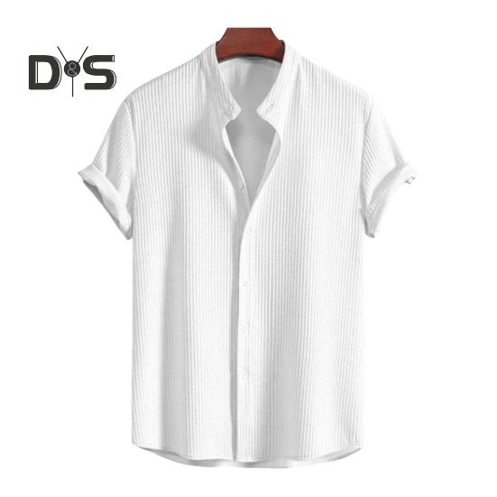 

Мужская летняя рубашка с воротником-стойкой, кардиган на пуговицах с короткими рукавами, однотонная, свободная, повседневная, деловая, повседневная одежда, топ L белый