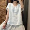 Summer Women Red Linen V Neck Button Casual Shirt Blouse