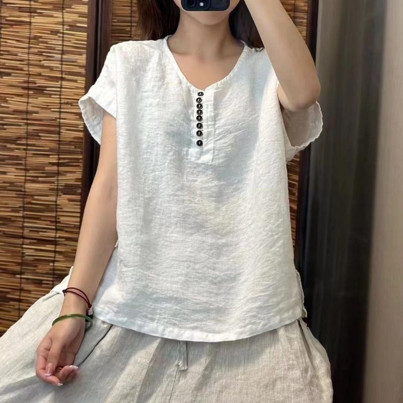 Summer Women Red Linen V Neck Button Casual Shirt Blouse