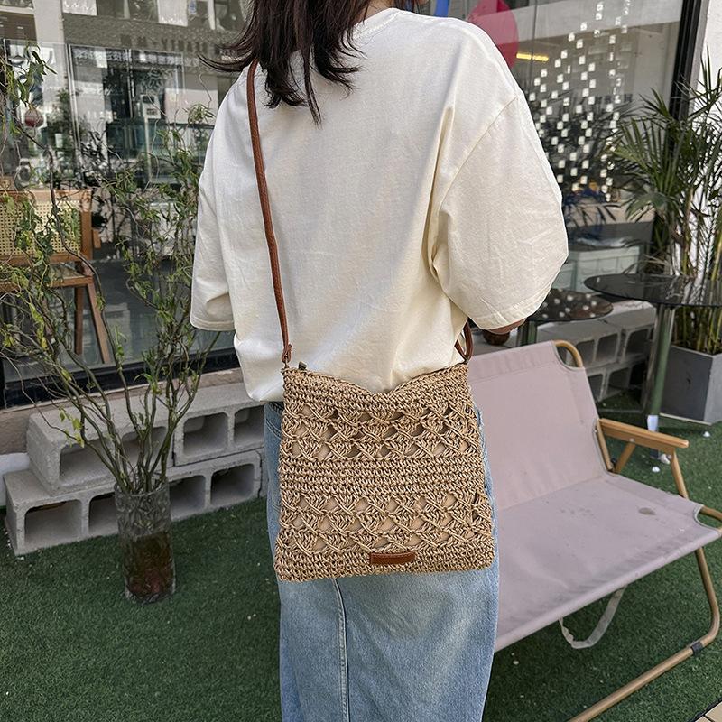 Chic Handmade Paper Straw Crossbody Bag Solid Color Zipper Closure Shoulder Messenger Bags for Women Summer Beach Urban Outings