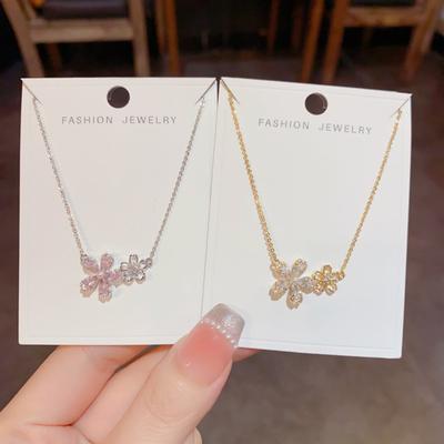 Women Zircon Dual Flower Necklace Dainty Floral Light Luxury Forest Style Collarbone Jewelry