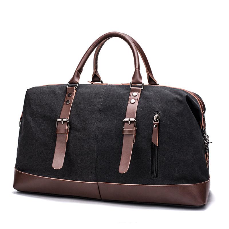 Simple Men Canvas Travel Bag PU Leather Outdoor Sports Gym Fitness Bag Large Capacity Multiple Pockets Handbag Weekend Carry On Duffel Bag