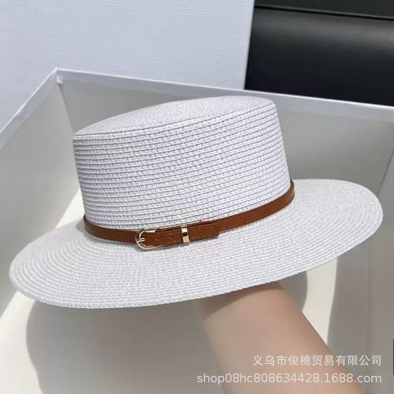 

Fresh love belt buckle flat top straw hat elegant retro big eaves vacation beach sunshade sunscreen hat One size fits all