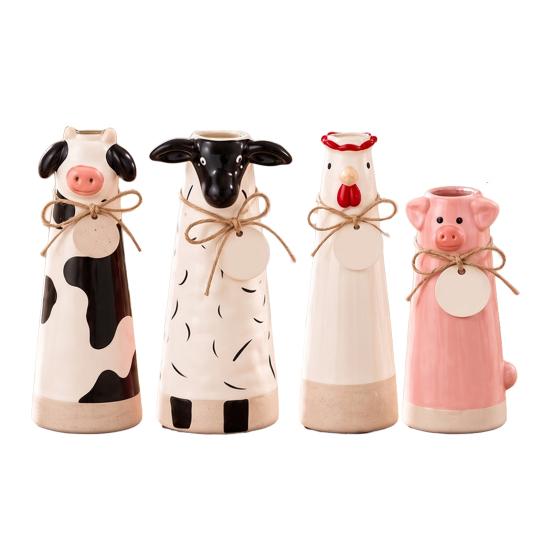 Healing Pastoral Style Gift Resin Cute Animal Vase, Farmhouse Decorative Flower Holder for Home Hand Carved Ornaments Office Decor, Pig/Cow/Sheep