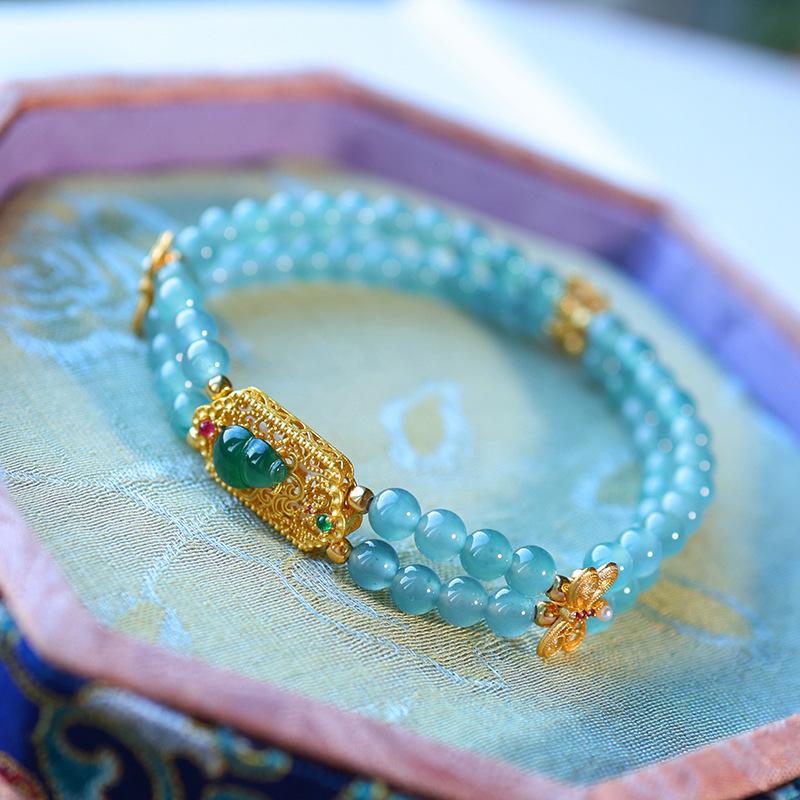 Natural A-Grade Jade Blue Water Abacus Bead Bracelet with 925 Silver Plated Gold Accessories in Chinese Style